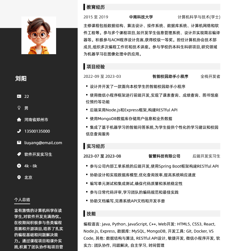 闪光季简历模版 黑灰分栏